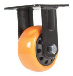 The Vestil 4X2 Poly On Poly (N29 Series) rigid caster wheel, shown in vibrant orange, is securely mounted on a sleek black metal bracket. It features a hexagonal bolt at its center for easy surface mounting.