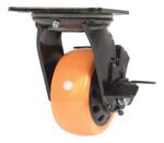 The Vestil 4X2 Poly On Poly (N29 Series) Swivel W/ Brake has an orange wheel with a black metal bracket, offering easy mobility. It includes a sturdy mounting plate and a visible locking mechanism to secure the wheel firmly in place.