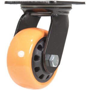 The Vestil 4X2 Poly On Poly (N29 Series) swivel caster wheel, orange with a black bracket and circular cutouts, features a smooth surface. It uses a bolt and nut assembly for secure attachment to flat metal plates, providing versatile mobility.
