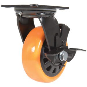 The Vestil 5X2 Poly On Poly (N29 Series) Swivel W/ Brake caster wheel features an orange design with a black frame and mounting plate, complete with a side brake mechanism. Set against a white background, its black hub accentuates its sleek look.