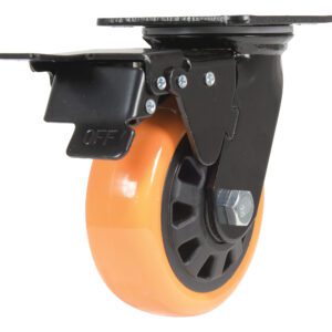 The Vestil 5X2 Poly On Poly (N29 Series) Swivel w/Total Brake has an orange polyurethane wheel, a black metal mounting plate, and a visible ON/OFF brake lever. It is secured with multiple screws and a central axle bolt for reliability.