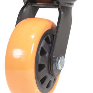 The Vestil 5X2 Poly On Poly (N29 Series) Swivel features an orange, smooth wheel on a black plastic hub, with a black metal bracket and mounting plate for easy swiveling and mobility.