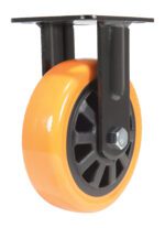 The Vestil 6X2 Poly On Poly (N29 Series) rigid caster wheel features an orange and black design, a metal bracket, and a central hexagonal bolt. Its smooth outer surface pairs with a detailed inner structure for style and durability.