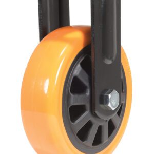 The Vestil 6X2 Poly On Poly (N29 Series) rigid caster wheel features an orange and black design, a metal bracket, and a central hexagonal bolt. Its smooth outer surface pairs with a detailed inner structure for style and durability.