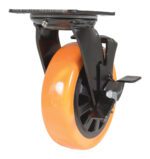 The Vestil 6X2 Poly On Poly (N29 Series) Swivel W/ Brake features a black caster wheel with an orange polyurethane tire, shown at an angle. It includes a metal mounting plate on top and a side brake lever for enhanced control.