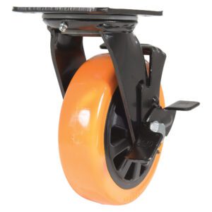 The Vestil 6X2 Poly On Poly (N29 Series) Swivel W/ Brake features a black caster wheel with an orange polyurethane tire, shown at an angle. It includes a metal mounting plate on top and a side brake lever for enhanced control.