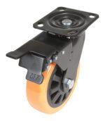 The Vestil 6X2 Poly On Poly (N29 Series) Swivel W/Total Brake features an orange rubber edge, black plastic hub, and a metal mounting plate. It has a total brake system with a black lever marked ON and OFF for secure stationary positioning.