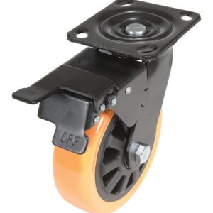 The Vestil 6X2 Poly On Poly (N29 Series) Swivel W/Total Brake features an orange rubber edge, black plastic hub, and a metal mounting plate. It has a total brake system with a black lever marked ON and OFF for secure stationary positioning.