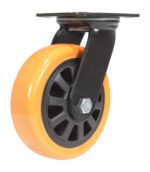 The Vestil 6X2 Poly On Poly (N29 Series) Swivel features an orange caster wheel with a black plastic frame, metal swivel plate, black hub with radial spokes, and is secured by a large hexagonal bolt for stability.