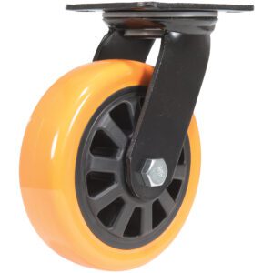 The Vestil 6X2 Poly On Poly (N29 Series) Swivel features an orange caster wheel with a black plastic frame, metal swivel plate, black hub with radial spokes, and is secured by a large hexagonal bolt for stability.