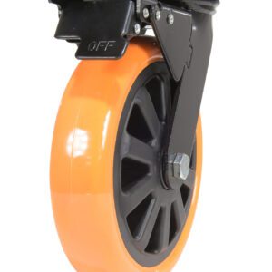 Close-up of a Vestil 8X2 Poly On Poly (N29 Series) Swivel W/Total Brake caster with an orange tire, black hub, and black metal plate for versatile industrial or furniture use.