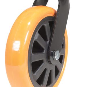 The Vestil 8X2 Poly On Poly (N29 Series) Swivel caster wheel, shown in close-up, has a sturdy black bracket and a smooth surface, secured with a metal bolt.