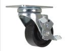 The Vestil 3X1-1/4 Cast Iron Swivel Caster W/Brake features a metal design with a black wheel and mounting plate. Its locking mechanism ensures secure positioning, making it ideal for furniture or equipment needing both effortless mobility and stability.