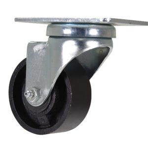 The Vestil 3 X 1-1/4 cast iron swivel features a black rubber wheel and silver mounting plate, providing easy mobility on various surfaces.