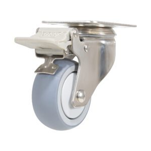 The Vestil 3X1 Tpr Ss Rig Swivel Caster W/Total Brake boasts a gray wheel and metal bracket, providing smooth movement and stability.
