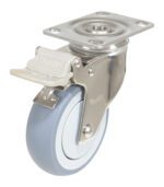 The Vestil 4X1 Tpr Ss Rig Swivel Caster W/Total Brake features a light gray rubber tire and side lock. Its metal plate includes screw holes for easy mounting, with Verkt displayed on the wheel.