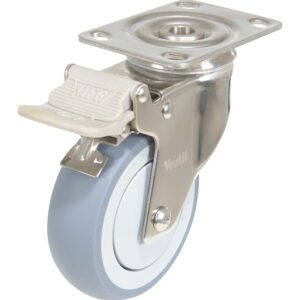 The Vestil 4X1 Tpr Ss Rig Swivel Caster W/Total Brake features a light gray rubber tire and side lock. Its metal plate includes screw holes for easy mounting, with Verkt displayed on the wheel.