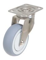 A single Vestil 4X1 TPR SS Rig Swivel Caster with a gray rubber tire on a metal bracket featuring four attachment holes. The white rimmed wheel displays the Verlil brand on its metal part.
