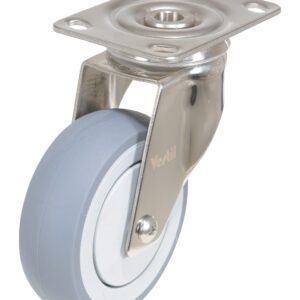 A single Vestil 4X1 TPR SS Rig Swivel Caster with a gray rubber tire on a metal bracket featuring four attachment holes. The white rimmed wheel displays the Verlil brand on its metal part.