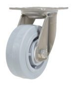 The Vestil 5X2 Tpr Ss Rig Swivel Caster is displayed on a white background, highlighting its sturdy design with a gray rubber wheel, metal bracket and mounting plate for optimal support.