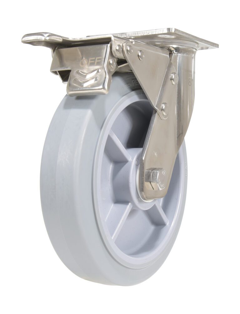 CST-E-SS-8X2TPR-SWTB_A.jpg The Vestil 8X2 Tpr Ss Rig Swivel Caster W/Total Brake features shiny industrial metal parts like a mounting plate and swivel mechanism, with a light gray rubber tire for secure surface attachment.