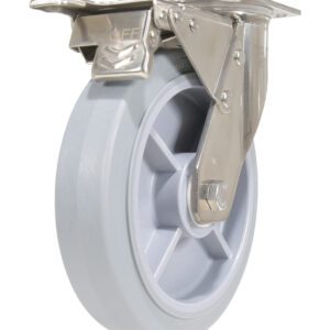 The Vestil 8X2 Tpr Ss Rig Swivel Caster W/Total Brake features shiny industrial metal parts like a mounting plate and swivel mechanism, with a light gray rubber tire for secure surface attachment.