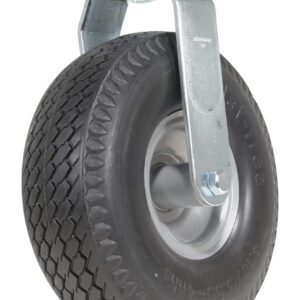 The Vestil 10X3.5 Flat-Free Caster has a robust foam-filled rubber wheel with textured tread, mounted on a metal bracket, ideal for stable and maintenance-free movement of equipment or furniture.