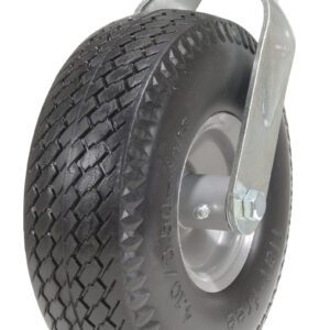 The Vestil 10X3.5 Flat-Free Swivel Caster features a durable design with a large black rubber wheel and gray metal mounting plate, offering textured tread for traction and secure bracket attachment for high-demand use.