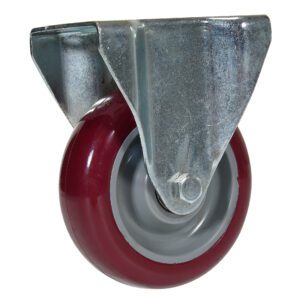 A close-up of a Vestil caster wheel shows it in red, featuring a metal bracket. Mounted on a gray axle, it ensures smooth rotation. The industrial-style metal bracket includes mounting holes for easy attachment.