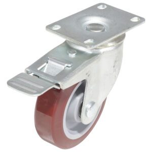 Heres a close-up of the Vestil metal swivel caster, showcasing its brown rubber edge and grey inner hub. It features a sturdy metal plate with a lever for secure locking, and the mounting plate includes four pre-drilled holes for effortless installation.