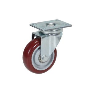 The Vestil wheel boasts a swiveling red rubber tire on a silver metal base, complete with four screw holes for easy surface attachment.
