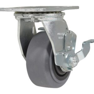 The Vestil 4X2 Conductive Rubber Swivel Caster W/Brake features a gray wheel with a sleek metal frame, side brake lever, and mounting plate, ideal for furniture or equipment. Its smooth surface and shiny metallic components ensure excellent performance.