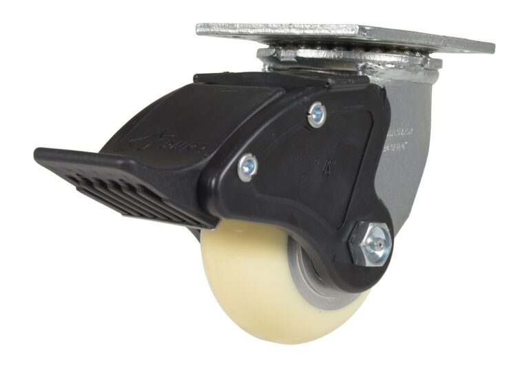 The Vestil 4X2 Polyurethane ESD swivel caster with TOT BRK1 features a gray metal mounting plate, yellow wheel, and black plastic foot pedal brake. Designed for heavy-duty use, it ensures smooth mobility and reliable performance.