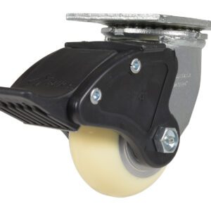 The Vestil 4X2 Polyurethane ESD swivel caster with TOT BRK1 features a gray metal mounting plate, yellow wheel, and black plastic foot pedal brake. Designed for heavy-duty use, it ensures smooth mobility and reliable performance.