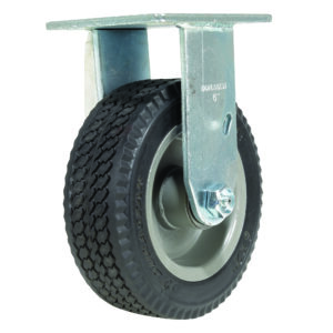 The Vestil 6X2 Flat-Free Rigid Caster features a heavy-duty design with a black rubber tire and metal frame, mounted on a silver bracket with a textured tread pattern, ideal for industrial use without flat concerns.