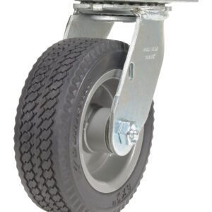 The Vestil 6X2 Flat-Free Swivel Caster features a black rubber tire and metal frame, ensuring easy movement and rotation. Its tread pattern and sturdy construction are highlighted against a white background, emphasizing its versatility.