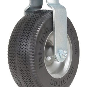 The Vestil 8X3 Flat-Free Rigid Caster, featuring a black rubber tire and silver metal frame, is foam-filled for heavy-duty use. It includes a mounting plate for secure installation.
