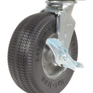 The Vestil 8X3 Flat-Free Swivel Caster boasts a durable black treaded tire and silver metal bracket with a locking brake, featuring an angled design that accentuates the tires texture and shiny components.