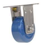 The blue Vestil 3 X 1 1/4 Solid Polyurethane (Spu) Rigid caster wheel, with a silver metal bracket and mounting plate, features a smooth surface and valve-like design on one side for reliable mobility of furniture or equipment.