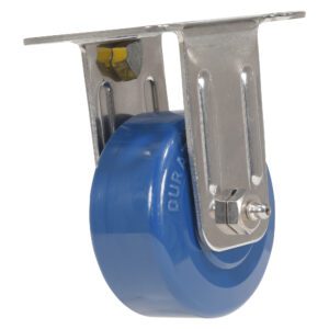 The blue Vestil 3 X 1 1/4 Solid Polyurethane (Spu) Rigid caster wheel, with a silver metal bracket and mounting plate, features a smooth surface and valve-like design on one side for reliable mobility of furniture or equipment.