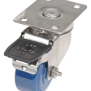The Vestil 3 X 1 1/4 Solid Poly(Spu) Swivel W/Posi-Lock Brake features a blue wheel, metal mounting plate, and black Posi-Lock brake lever for heavy-duty, smooth multidirectional movement.