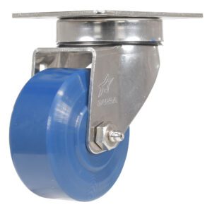 The blue Vestil 3 X 1 1/4 Solid Polyurethane (Spu) Swivel caster wheel, with Dura in white, features a robust design and securely attaches its durable material to a shiny silver metal frame with a sturdy mounting plate.