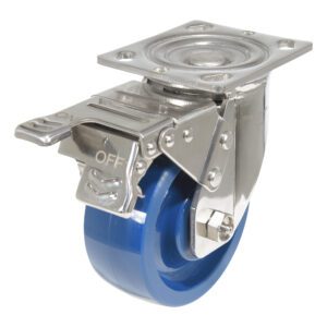 The Vestil 5X2 Solid Polyurethane (SPU) Swivel W/Total Brake features a blue rubber tire and flat mounting plate, with a secure locking mechanism using an engraved metal lever for ON and OFF indicators, ensuring reliable positioning with total brake functionality.
