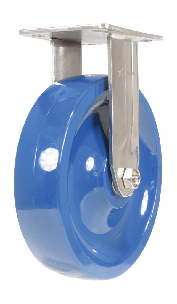 CST-F-SS-8X2SP-R_A.jpg The Vestil 8X2 Solid Polyurethane (SPU) Rigid caster wheel features a glossy blue design with a silver metallic bracket, expertly mounted on a metal plate, ideal for heavy-duty use.