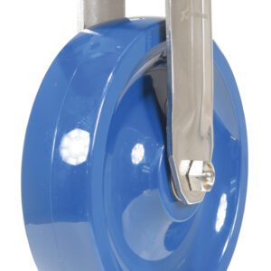 The Vestil 8X2 Solid Polyurethane (SPU) Rigid caster wheel features a glossy blue design with a silver metallic bracket, expertly mounted on a metal plate, ideal for heavy-duty use.