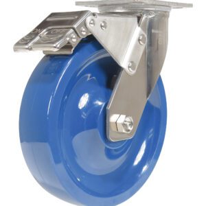 The Vestil 8X2 Solid Polyurethane (Spu) Swivel with Total Brake features a shiny metal bracket and a left-side brake lever labeled ON and OFF. The smooth blue surface is designed for heavy-duty reliability in demanding environments.
