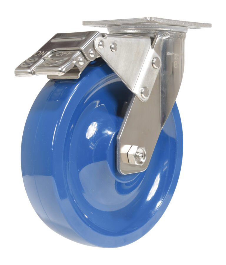 CST-F-SS-8X2SP-SWTB_A.jpg The Vestil 8X2 Solid Polyurethane (Spu) Swivel with Total Brake features a shiny metal bracket and a left-side brake lever labeled ON and OFF. The smooth blue surface is designed for heavy-duty reliability in demanding environments.