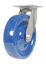 The blue Vestil 8X2 Solid Polyurethane (Spu) Swivel caster wheel features a metal bracket with a mounting plate for easy installation, a glossy finish, and a swivel mechanism for smooth movement.