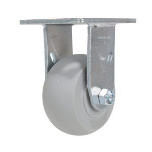 The Vestil 4X2 Polyolefin Rigid caster wheel, in smooth gray, includes a metal mounting bracket and mounting holes. This non-swiveling wheel is ideal for stable use on various surfaces.
