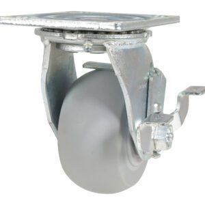 The Vestil 4X2 Polyolefin Swivel W/ Brake showcases a gray swivel caster wheel with a robust metal plate and bracket, featuring a brake lever for secure locking, all set against a plain white background.